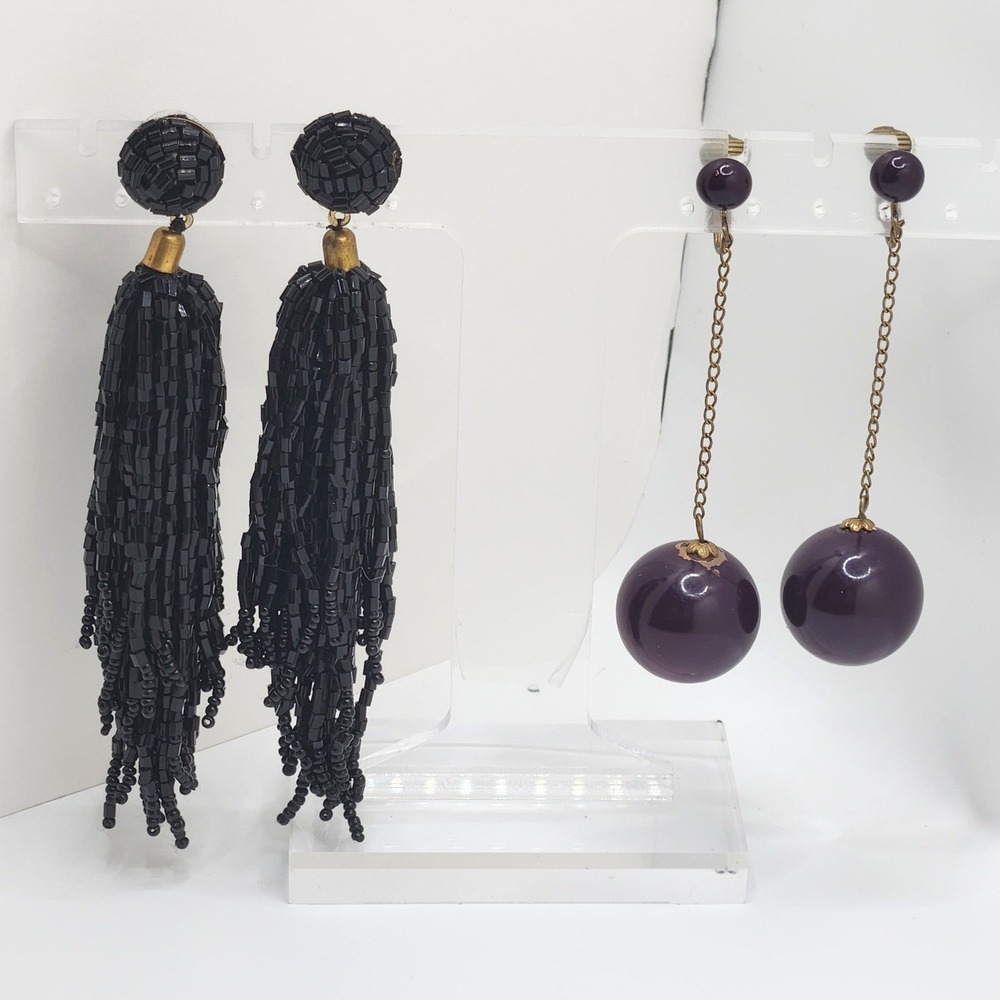 Vintage 80s Shoulder Duster Earrings Set‎ Black Beaded Tassel & Purple Orb Drops